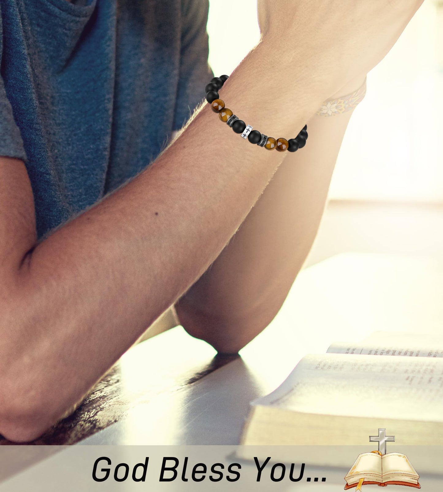 Father's Day Tiger Eye & Onyx Bracelet with Cross, Confirmation Bracelet for Boys