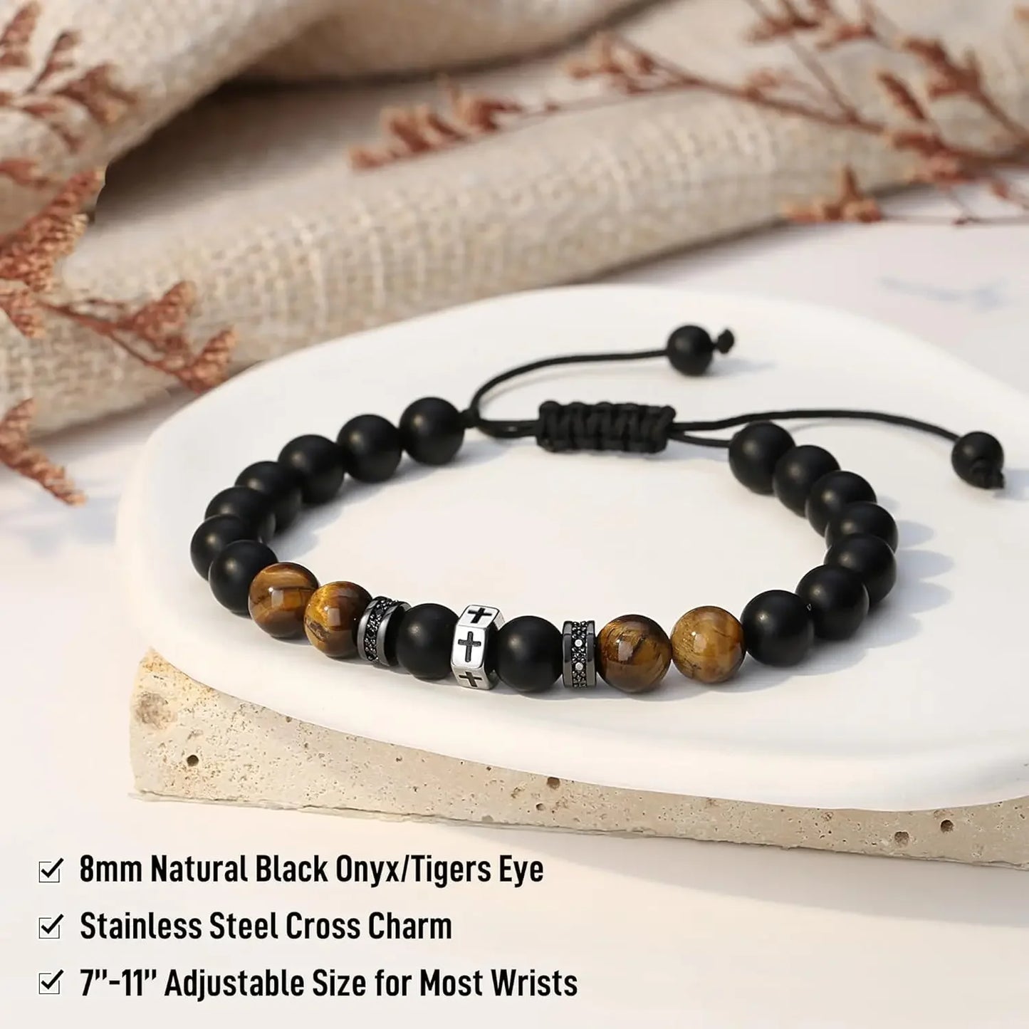 Father's Day Tiger Eye & Onyx Bracelet with Cross, Confirmation Bracelet for Boys