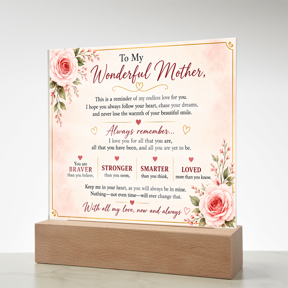 To My Wonderful Mother Acrylic Plaque – Inspirational Gift for Mom | LED Acrylic Keepsake | Birthday, Mother's Day & Christmas Gift