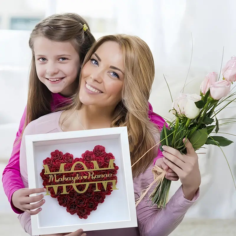 Personalized Heart Shaped MOM Flower Shadow Box Frame, Gifts for Mother's Day and Birthday