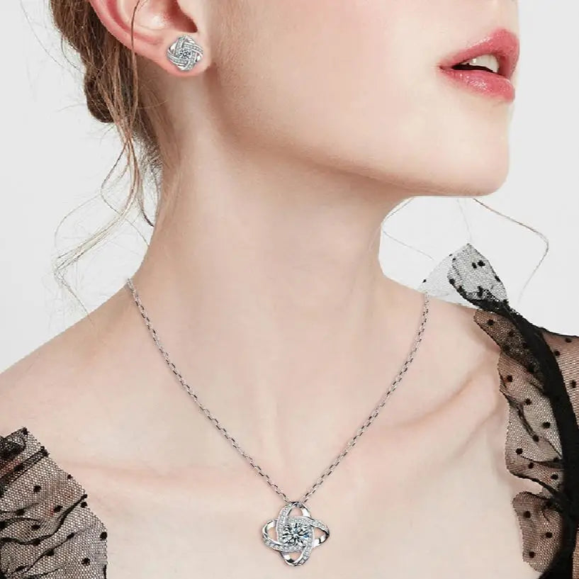 Love Knot Necklace and Earrings Set - 14k White Gold over Stainless Steel