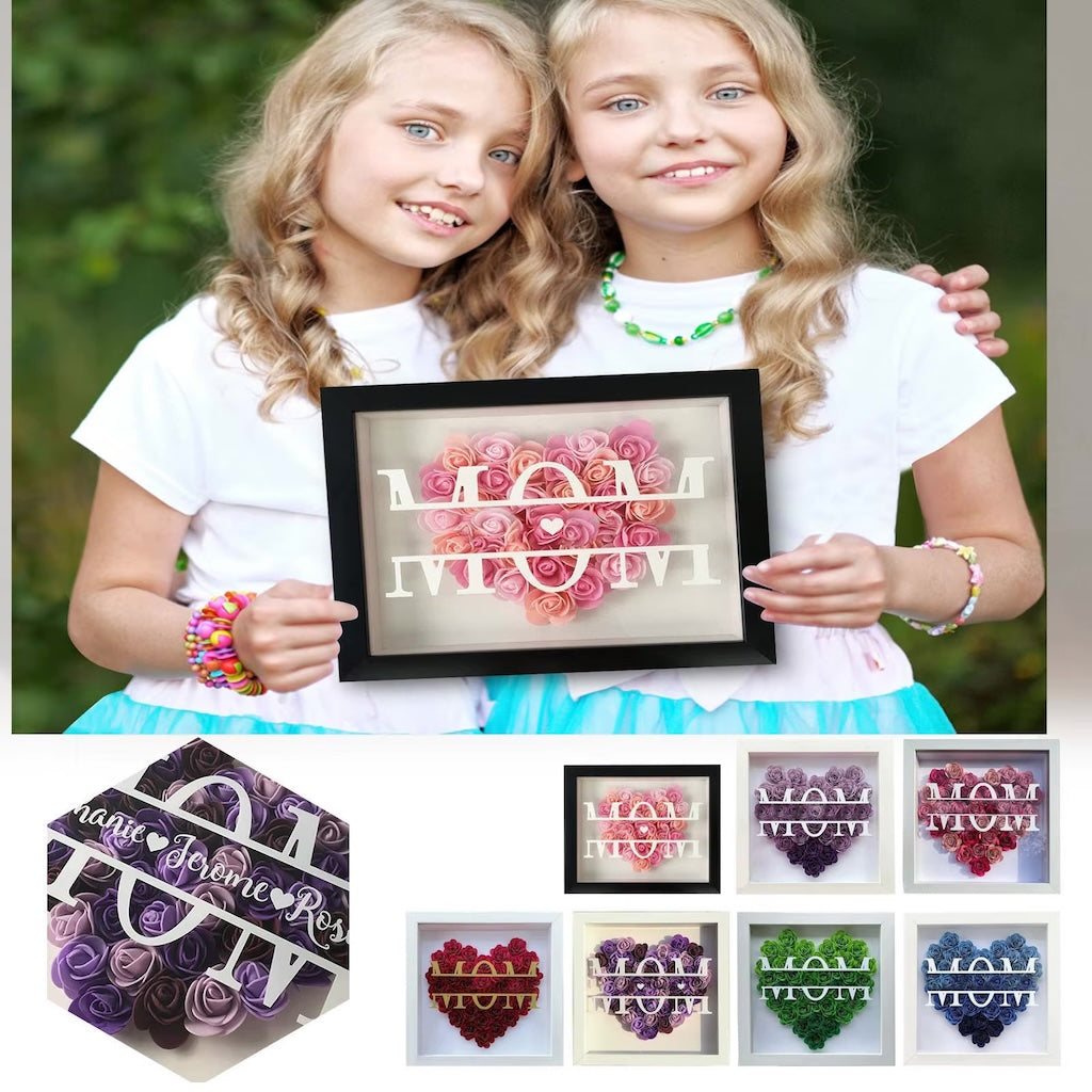 Personalized Heart Shaped MOM Flower Shadow Box Frame, Gifts for Mother's Day and Birthday