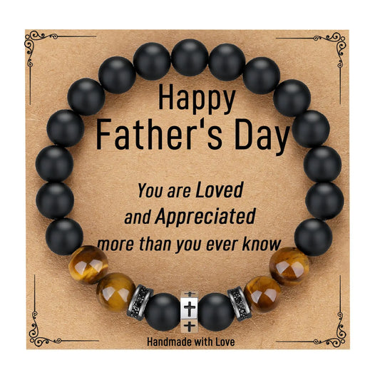 Father's Day Tiger Eye & Onyx Bracelet with Cross, Confirmation Bracelet for Boys