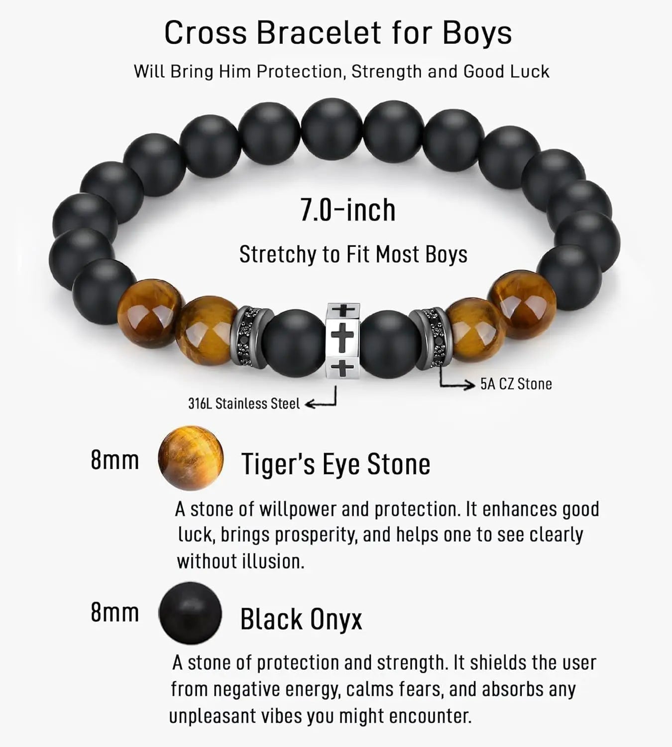 Father's Day Tiger Eye & Onyx Bracelet with Cross, Confirmation Bracelet for Boys