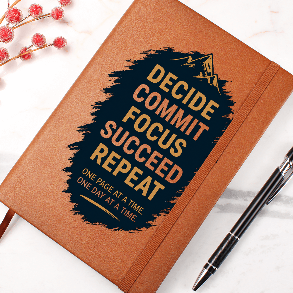 Decide. Commit. Focus. Succeed. Repeat. Motivational Vegan Leather Journal