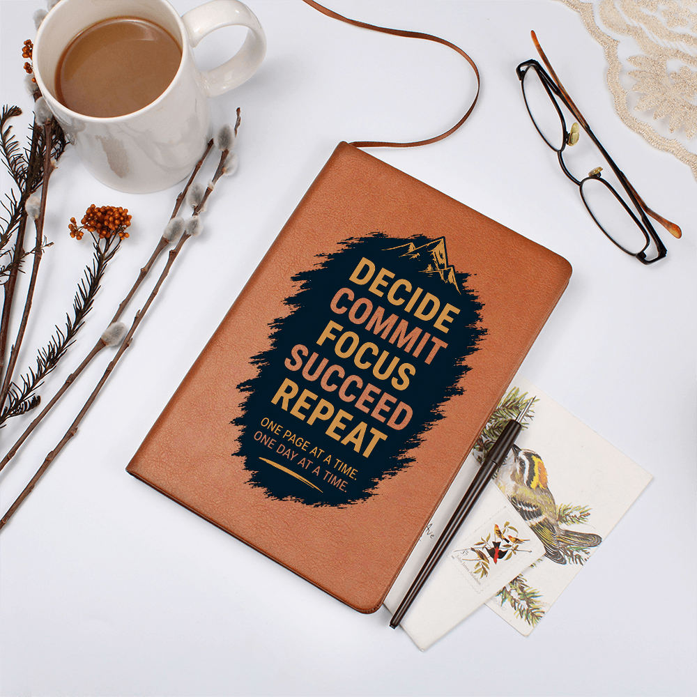 Decide. Commit. Focus. Succeed. Repeat. Motivational Vegan Leather Journal