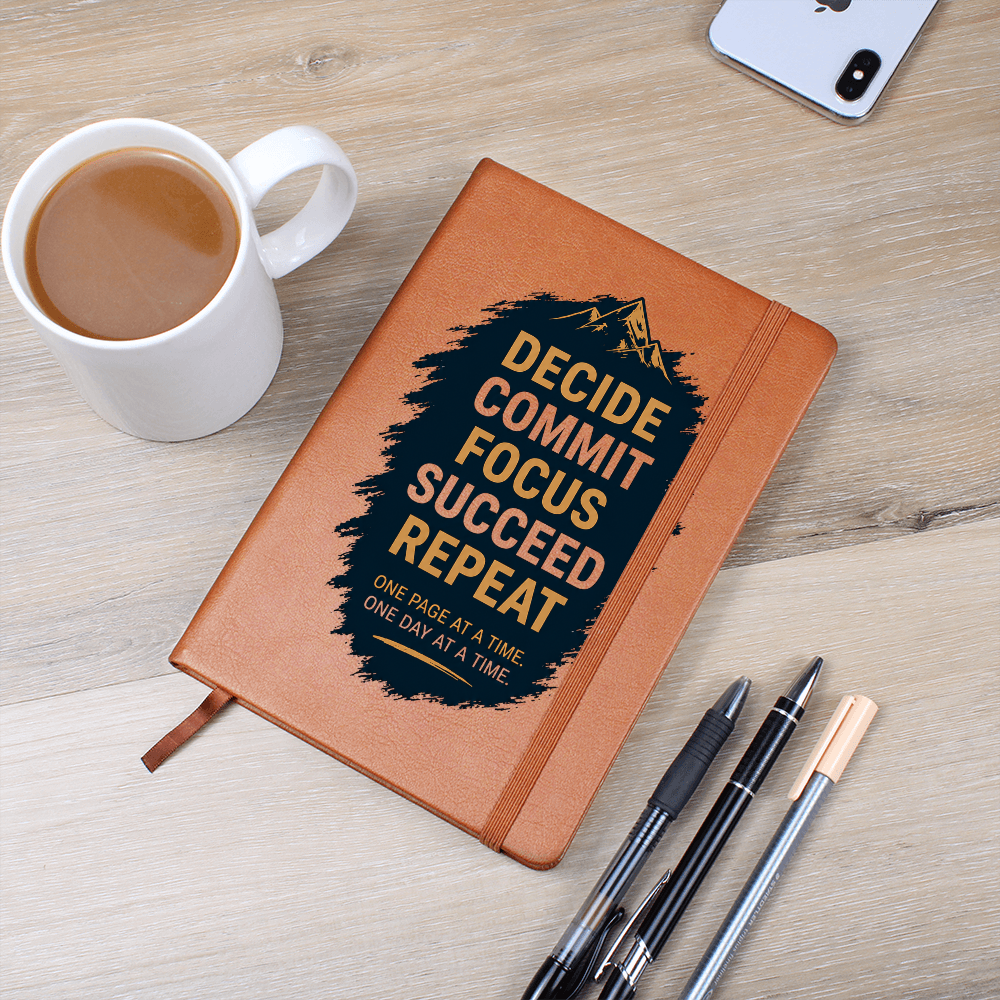Decide. Commit. Focus. Succeed. Repeat. Motivational Vegan Leather Journal