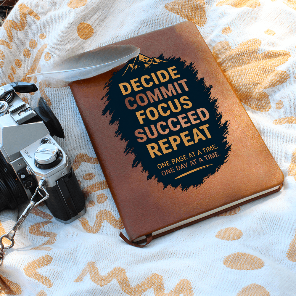 Decide. Commit. Focus. Succeed. Repeat. Motivational Vegan Leather Journal