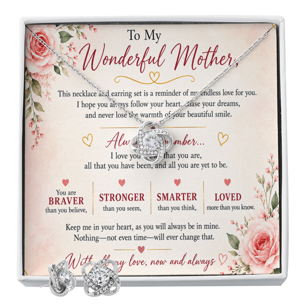 To My Wonderful Mother – Love Knot Necklace & Earrings Gift Set | 14K White Gold