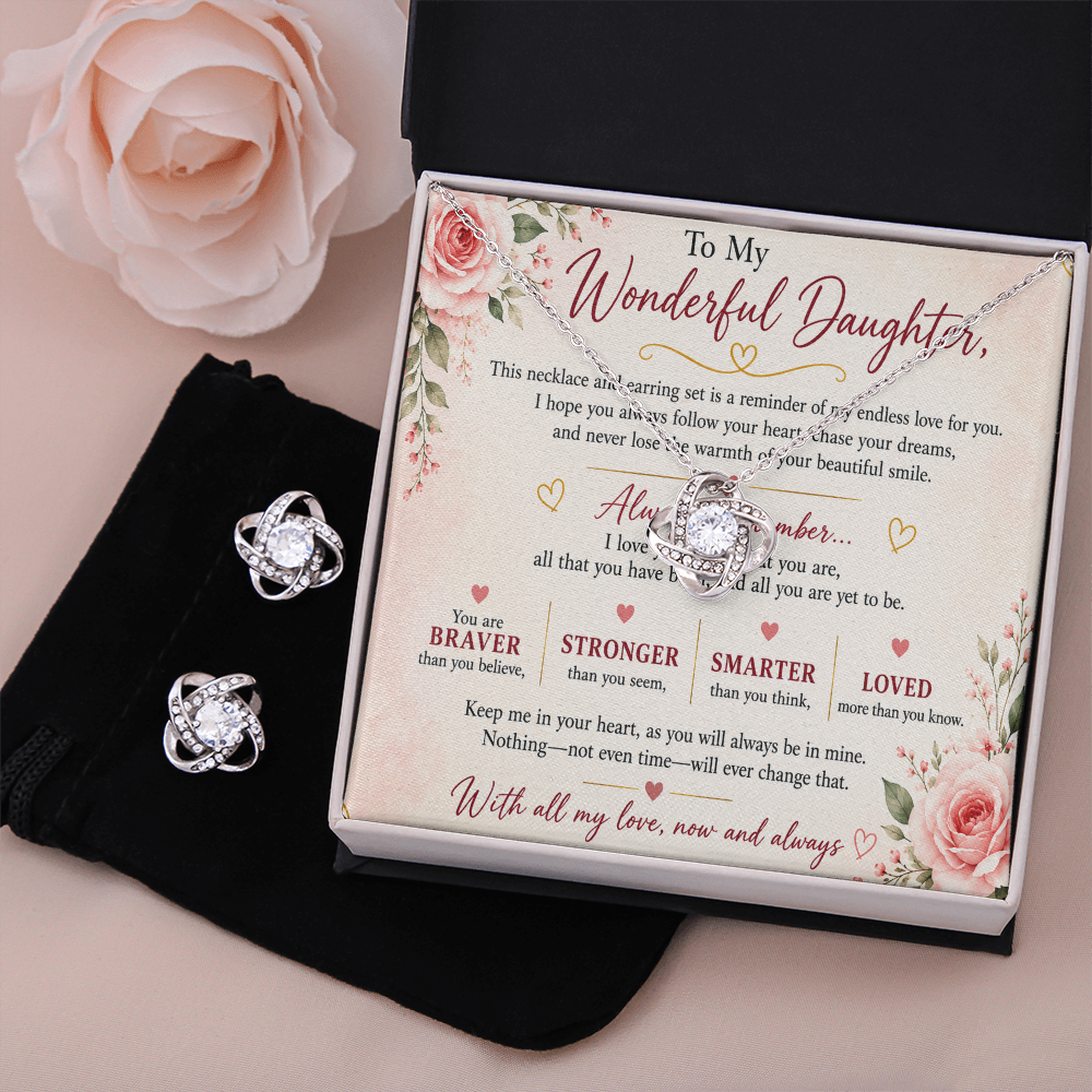 To My Wonderful Daughter – Love Knot Necklace & Earrings Gift Set – 14K White Gold Finish