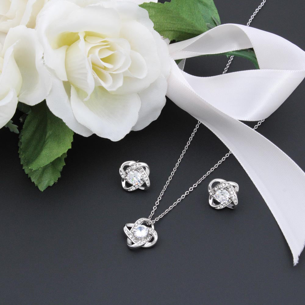 To My Wonderful Daughter – Love Knot Necklace & Earrings Gift Set – 14K White Gold Finish