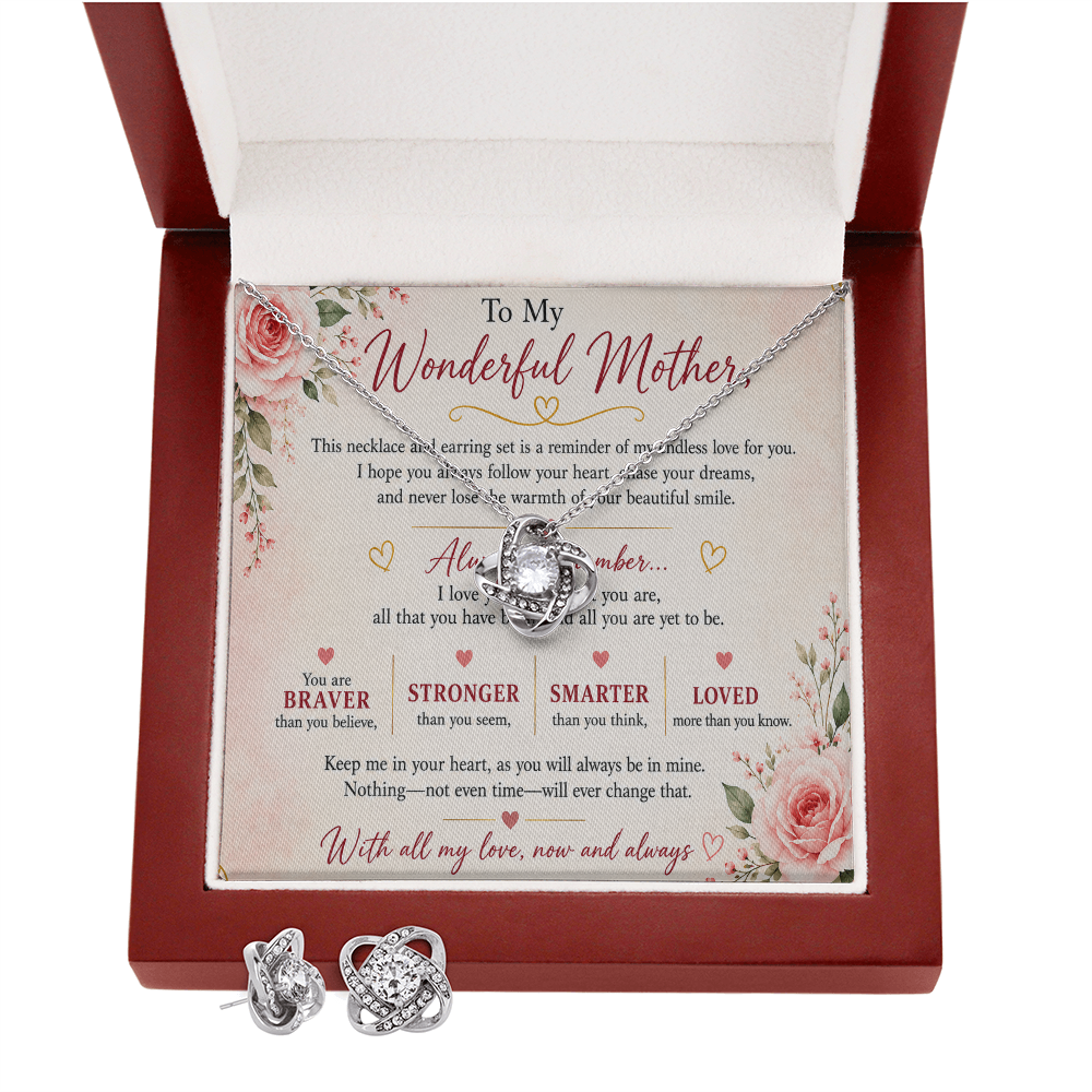 To My Wonderful Mother – Love Knot Necklace & Earrings Gift Set | 14K White Gold