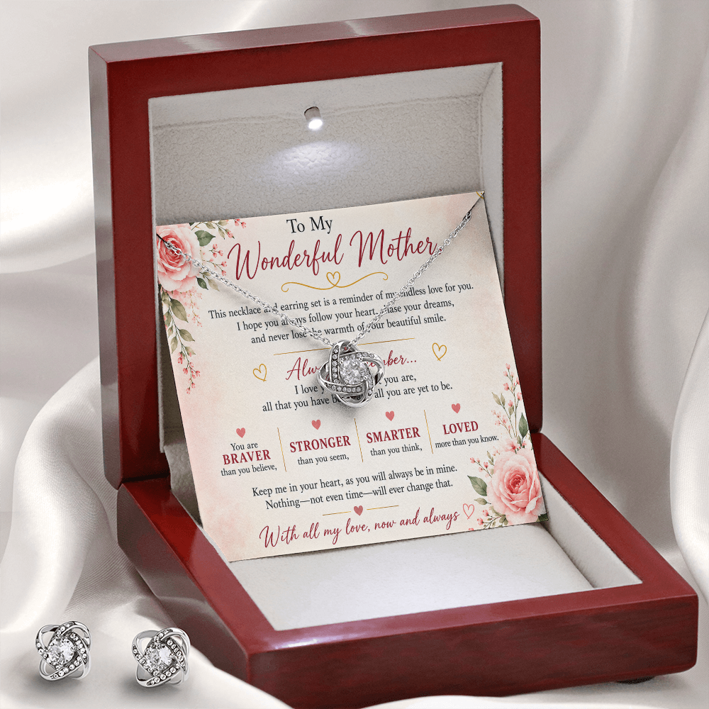 To My Wonderful Mother – Love Knot Necklace & Earrings Gift Set | 14K White Gold