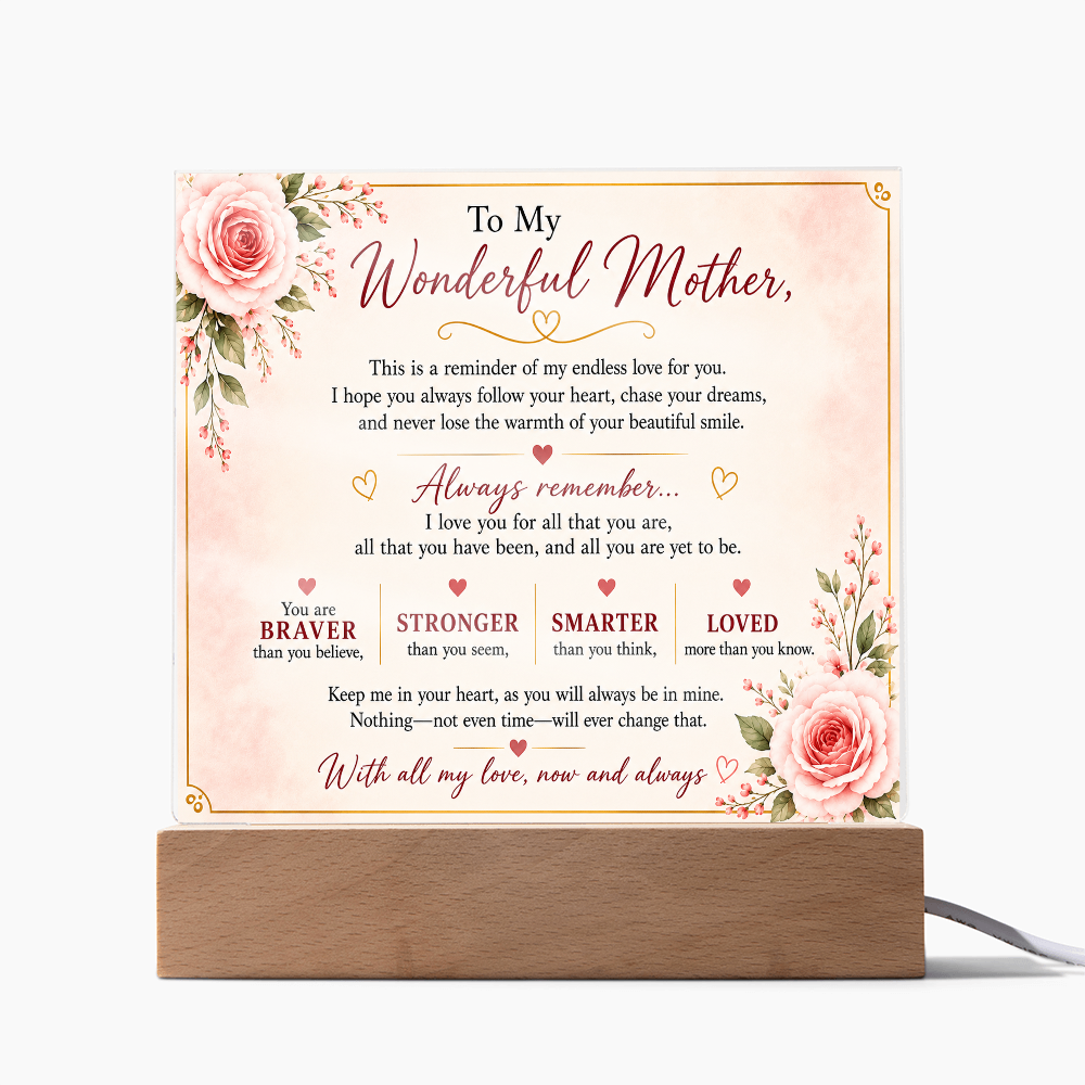 To My Wonderful Mother Acrylic Plaque – Inspirational Gift for Mom | LED Acrylic Keepsake | Birthday, Mother's Day & Christmas Gift