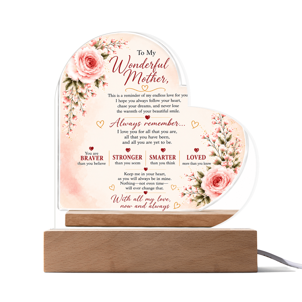 To My Wonderful Mother Heart Acrylic Plaque – Inspirational LED Keepsake Gift for Mom | Mother's Day, Birthday & Christmas Gift