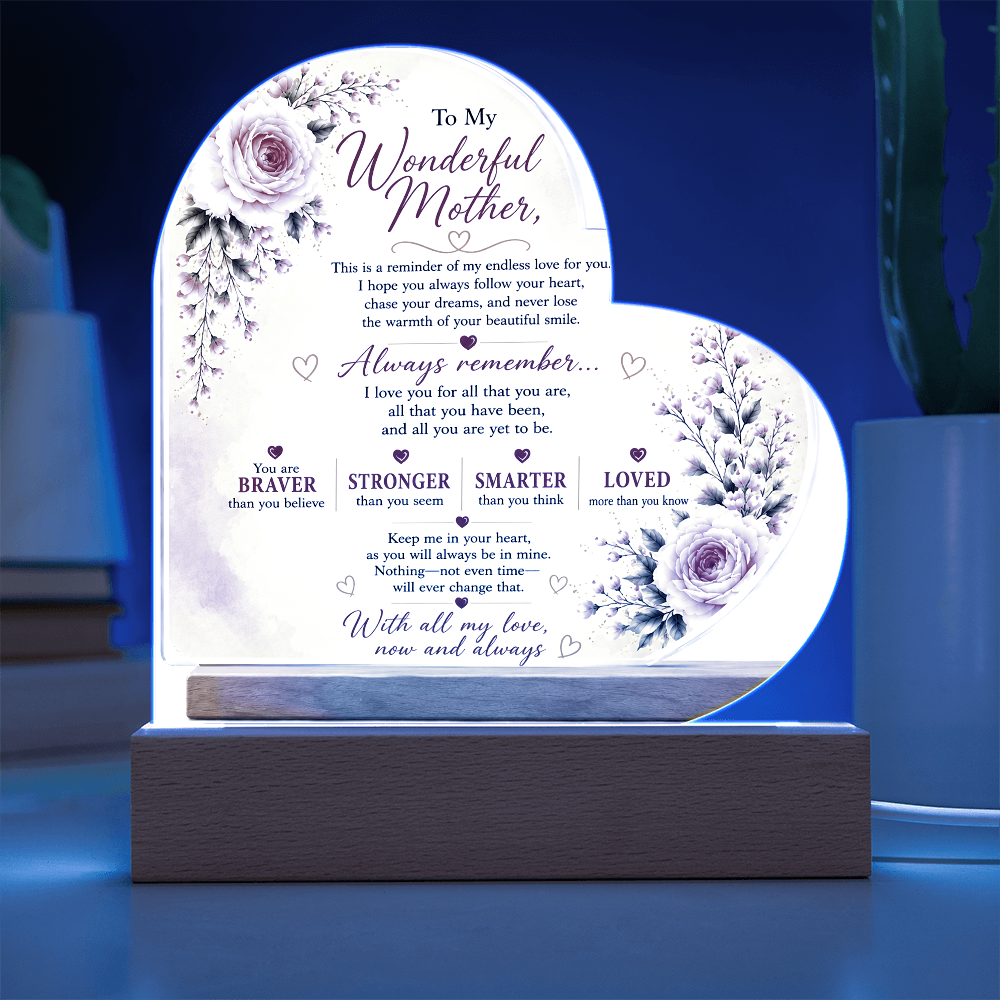 To My Wonderful Mother Heart Acrylic Plaque – Inspirational LED Keepsake Gift for Mom | Mother's Day, Birthday & Christmas Gift