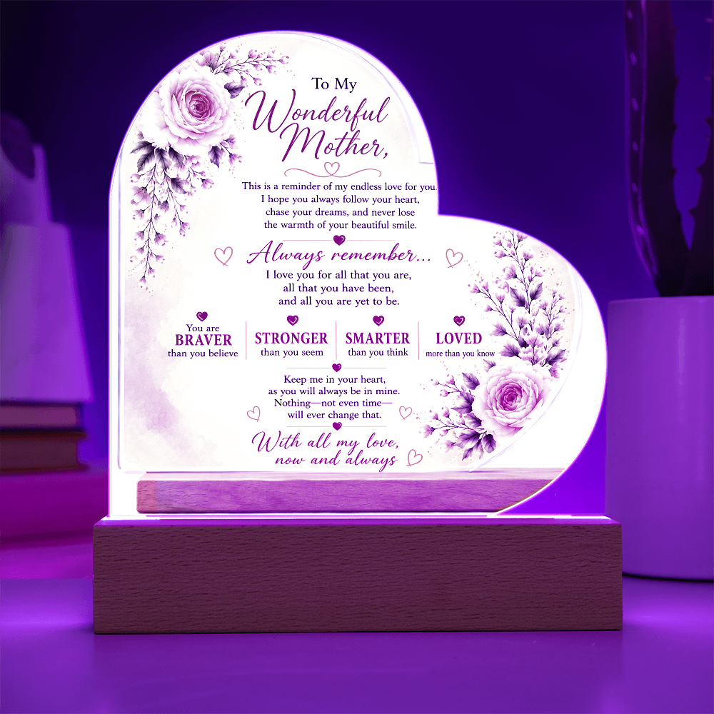 To My Wonderful Mother Heart Acrylic Plaque – Inspirational LED Keepsake Gift for Mom | Mother's Day, Birthday & Christmas Gift