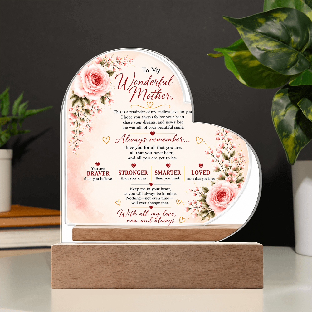 To My Wonderful Mother Heart Acrylic Plaque – Inspirational LED Keepsake Gift for Mom | Mother's Day, Birthday & Christmas Gift