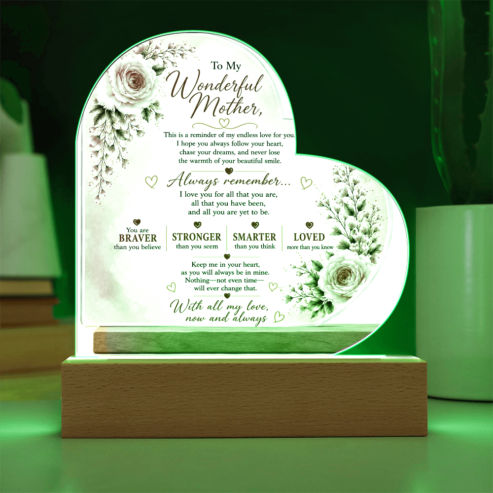 To My Wonderful Mother Heart Acrylic Plaque – Inspirational LED Keepsake Gift for Mom | Mother's Day, Birthday & Christmas Gift