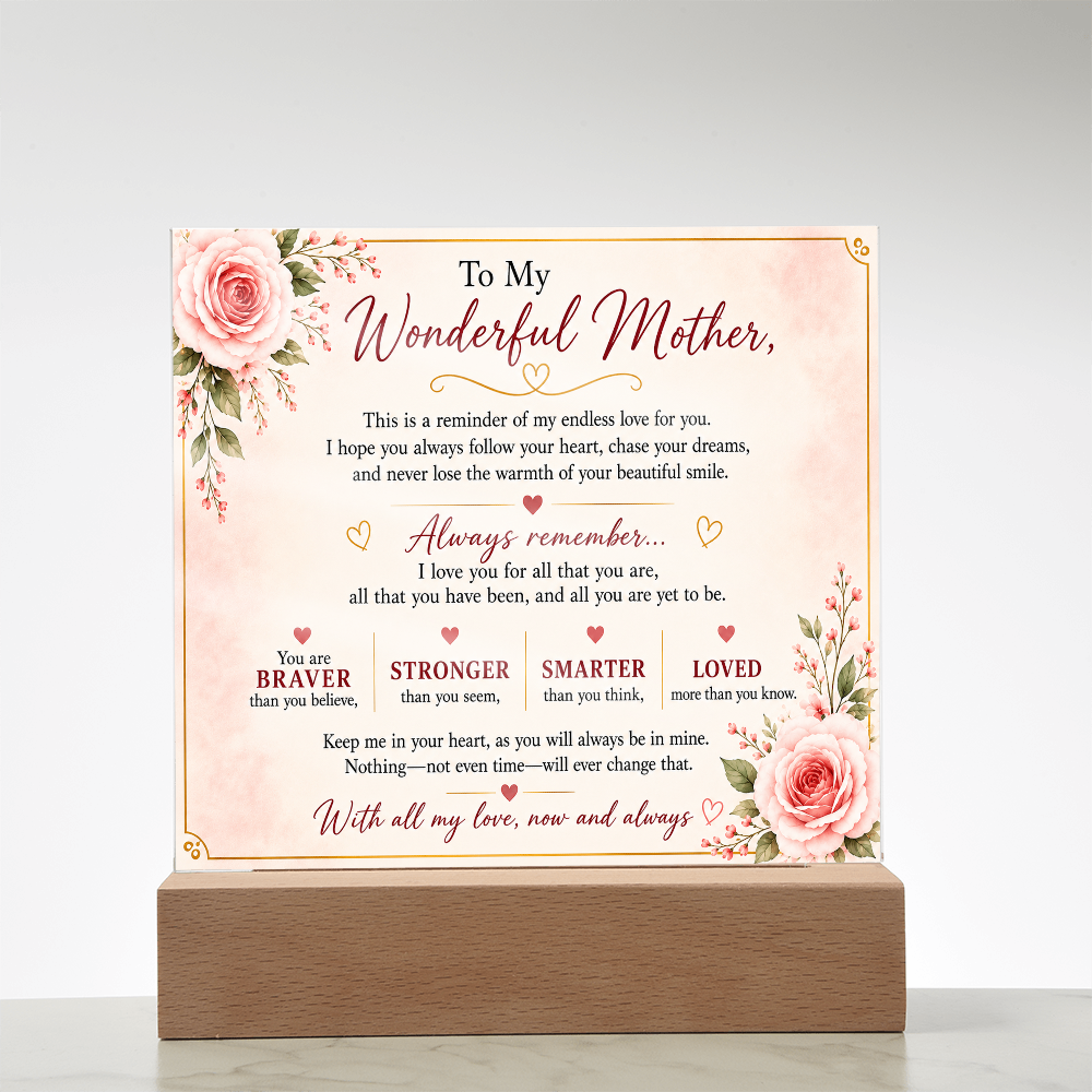 To My Wonderful Mother Acrylic Plaque – Inspirational Gift for Mom | LED Acrylic Keepsake | Birthday, Mother's Day & Christmas Gift
