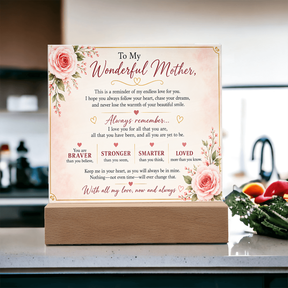 To My Wonderful Mother Acrylic Plaque – Inspirational Gift for Mom | LED Acrylic Keepsake | Birthday, Mother's Day & Christmas Gift