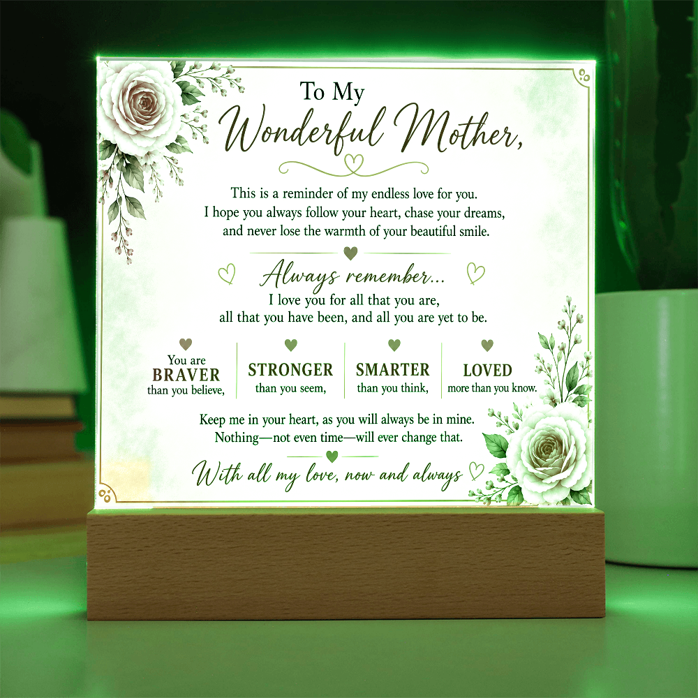 To My Wonderful Mother Acrylic Plaque – Inspirational Gift for Mom | LED Acrylic Keepsake | Birthday, Mother's Day & Christmas Gift