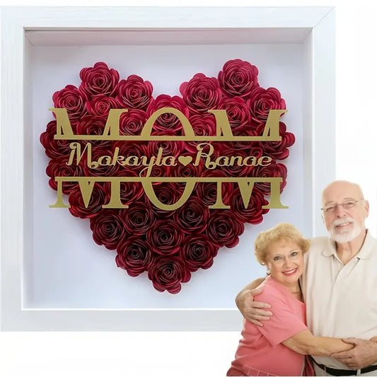 Personalized Heart Shaped MOM Flower Shadow Box Frame, Gifts for Mother's Day and Birthday