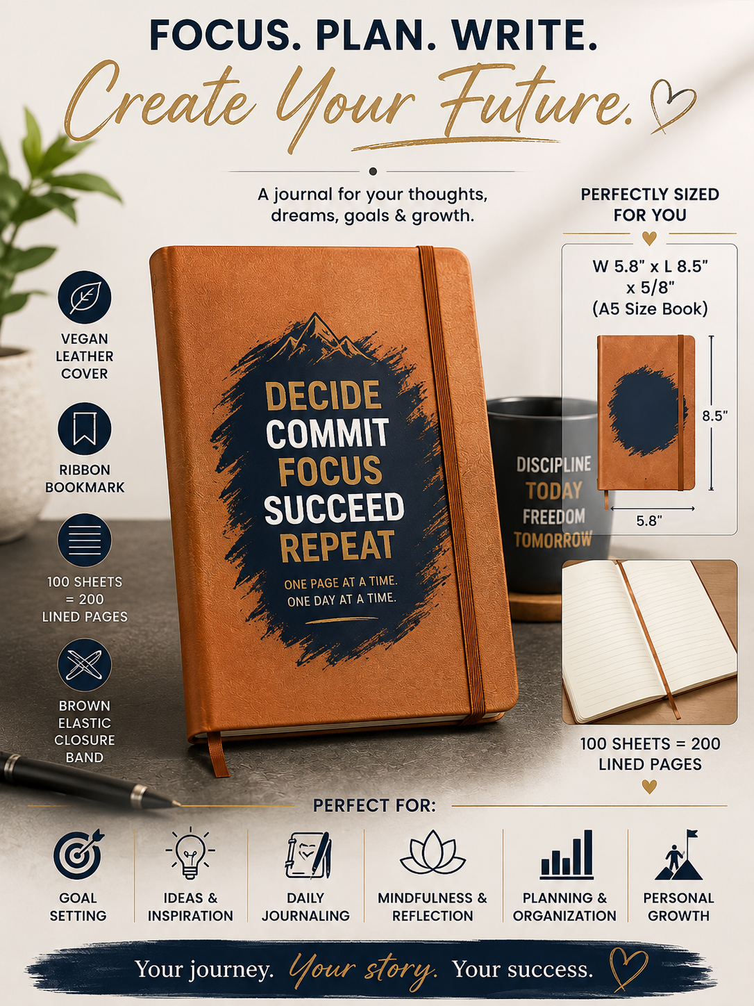 Decide. Commit. Focus. Succeed. Repeat. Motivational Vegan Leather Journal