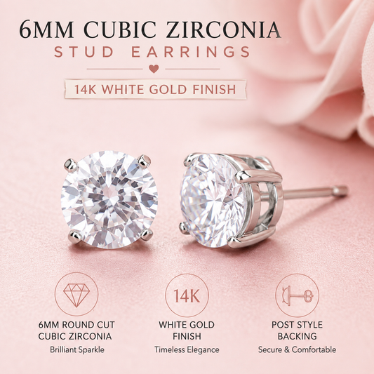 6mm Cubic Zirconia Stud Earrings – 14K White Gold Finish