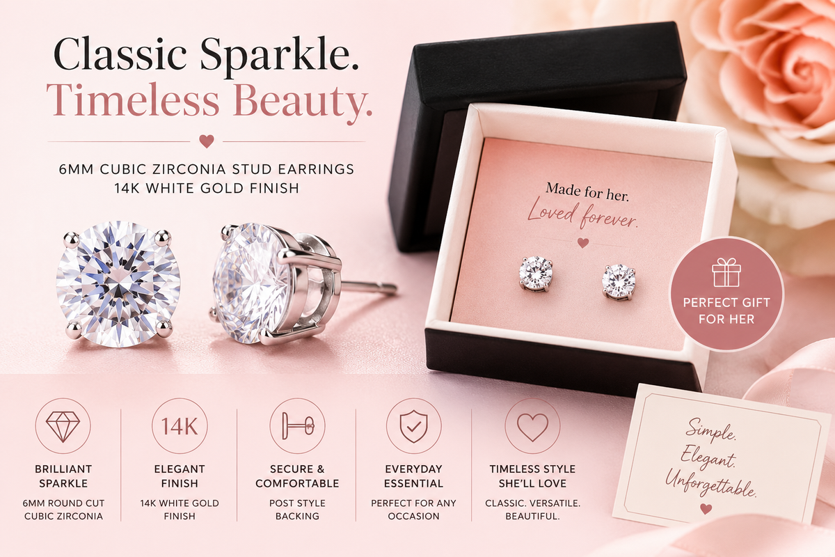 6mm Cubic Zirconia Stud Earrings – 14K White Gold Finish