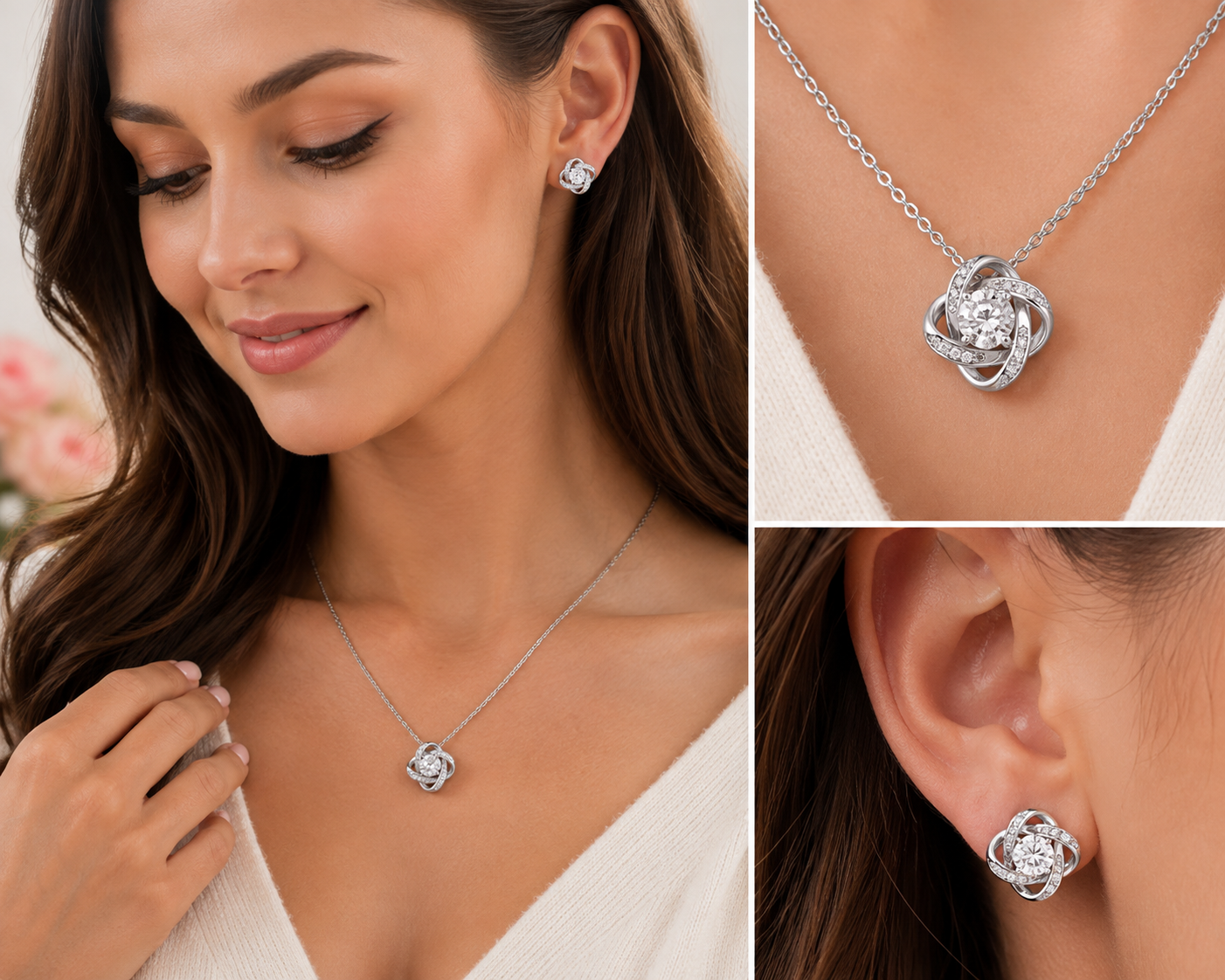 To My Wonderful Daughter – Love Knot Necklace & Earrings Gift Set – 14K White Gold Finish